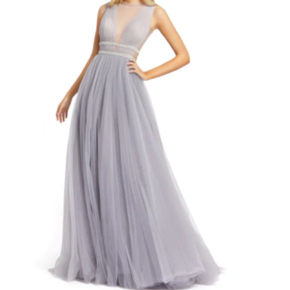 MAC DUGGAL 20188 ILLUSIONS PLUNGE NECK A-LINE PLATINUM GOWN sz 8 - Picture 1 of 5